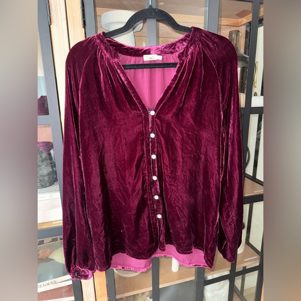 Faherty silk blouse naomi velvet long sleeve top burgundy holidays button down